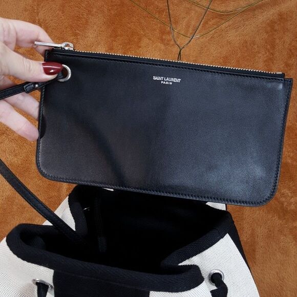 SAINT LAURENT Rive Gauche Sling Backpack Black White Striped Canvas Drawstring - Picture 13 of 16